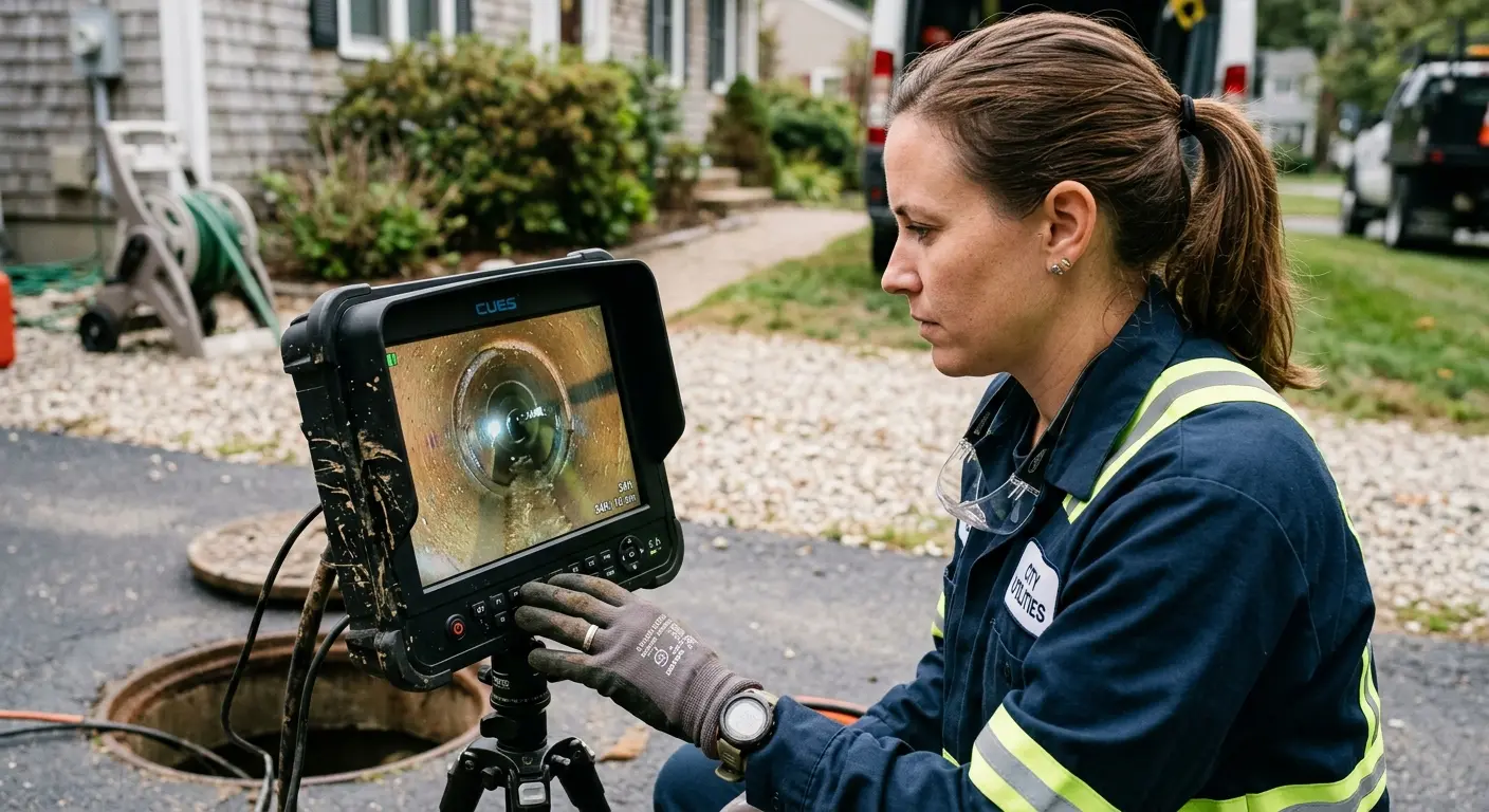 Technician reviewing sewer camera inspection footage in Walker
