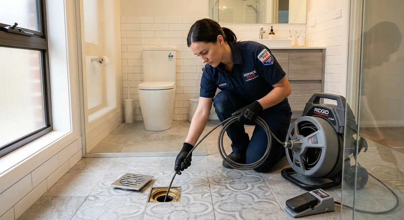 Technician clearing a bathroom floor drain for Sewer Line Replacement in Walker